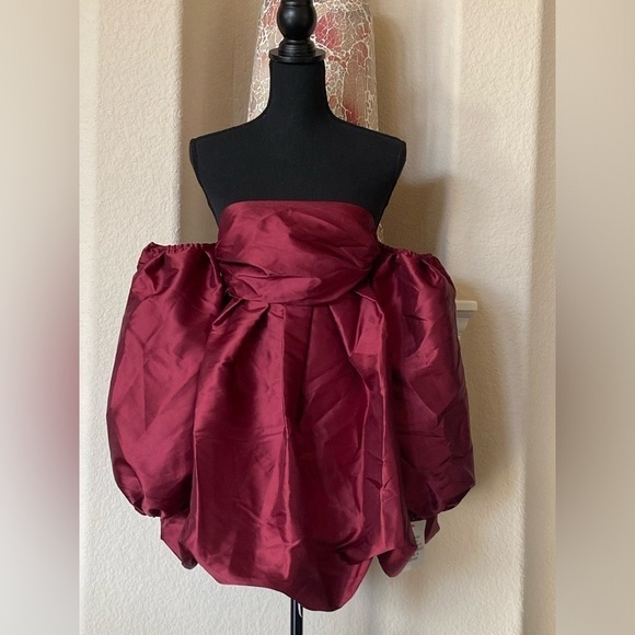 ASOS LUXE Bubble Babydoll Off-shoulder Satin Mini Dress Deep Red/Burgundy Size 2 - Picture 9 of 14
